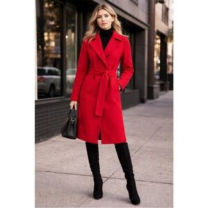 New Bernardo Vibrant Red Wool Blend Belted Double Breasted Coat Size Medium